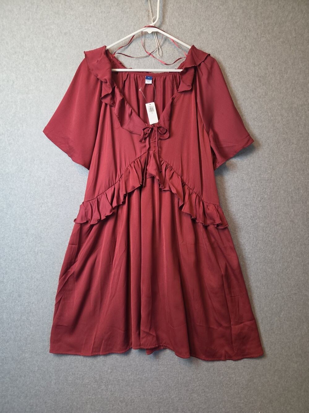 NWT Old Navy Umber Earth Satiny Ruffle Above Knee Dress Women's XL Pockets